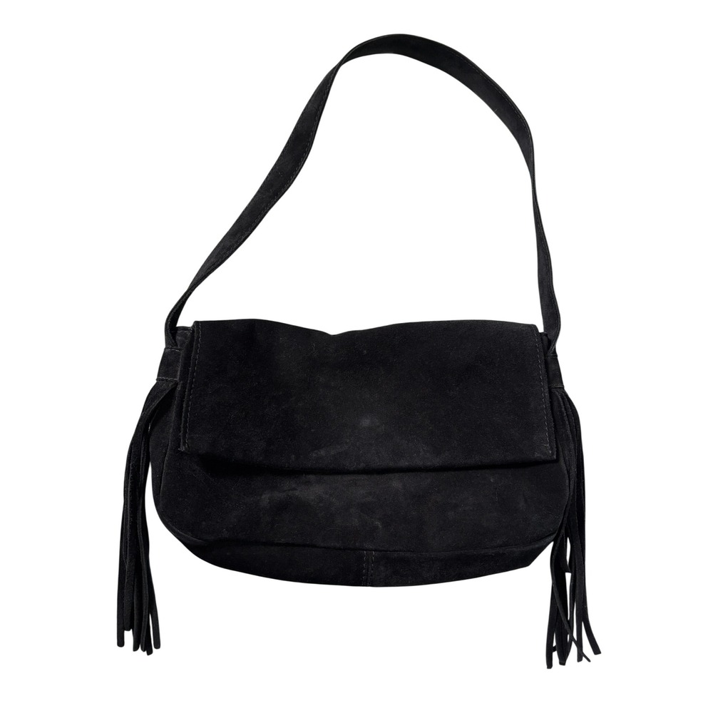 Vintage Black Suede Fringe Shoulder Bag Boho Western Flap Crossbody Minimalist